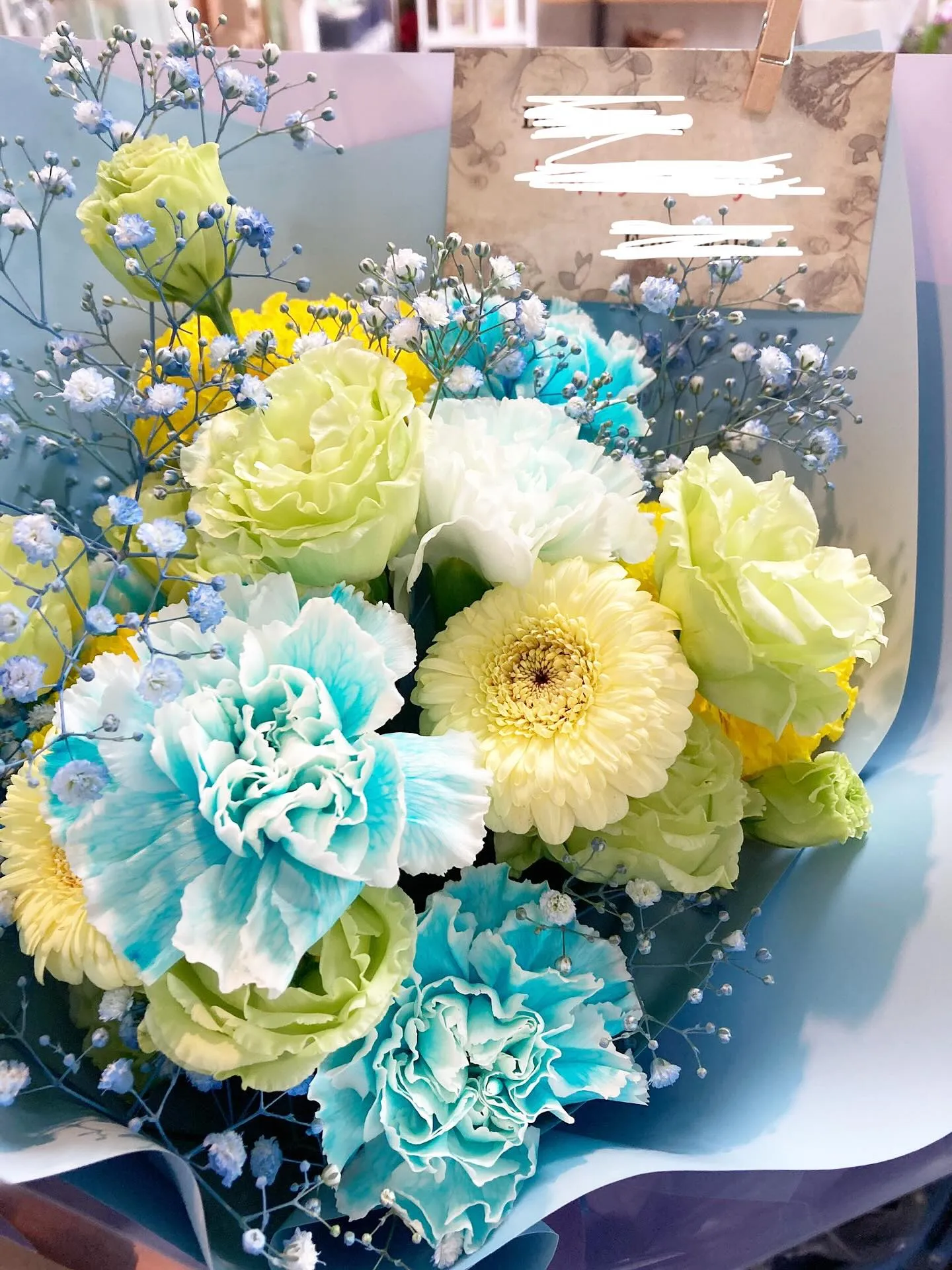 彼氏さんへのお誕生日の💐水色🩵メインに黄色など、爽やかに！！